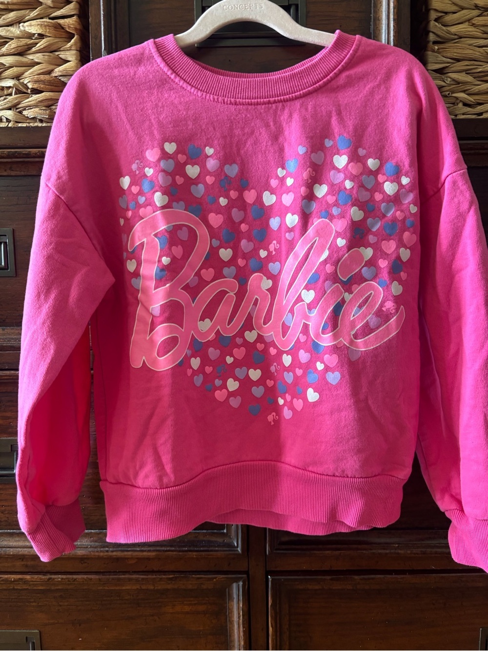 Barbie Hot Pink Heart Print Sweatshirt with Multicolor Hearts in size M